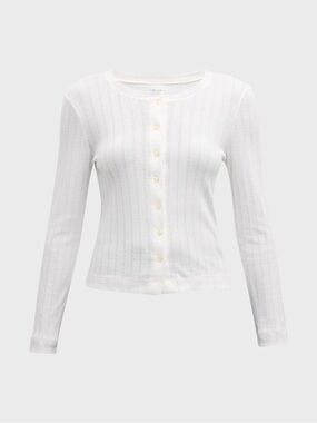 LESET White Pointelle Classic Crewneck Ribbed Button-Front Cardigan Sz Small